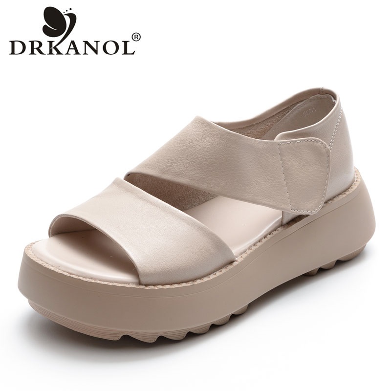 DRKANOL Sandali con plateau da donna 2026 Zeppe estive Scarpe con tacco aperto Sandali casual in vera pelle al 100% Fatti a mano retrò femminili