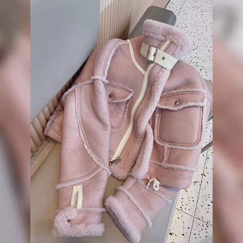 Chaqueta de piel sintética de lana de cordero rosa, abrigo grueso de terciopelo para motocicleta con costuras de piel sintética, cárdigan de felpa empalmado con cremallera de PU