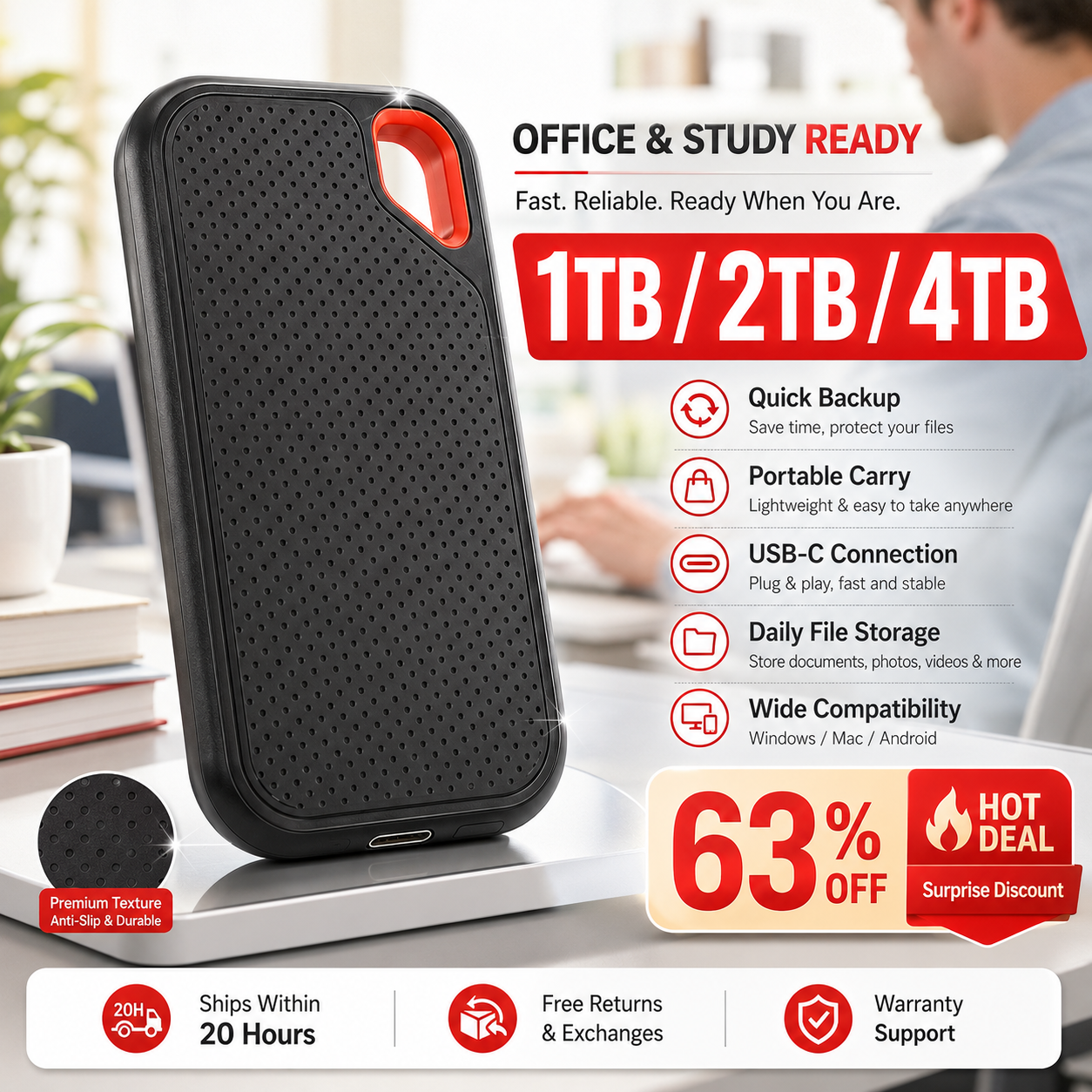 1TB Portable SSD 2TB External Hard Drive USB Type-C Compact Storage for Laptop/Mac