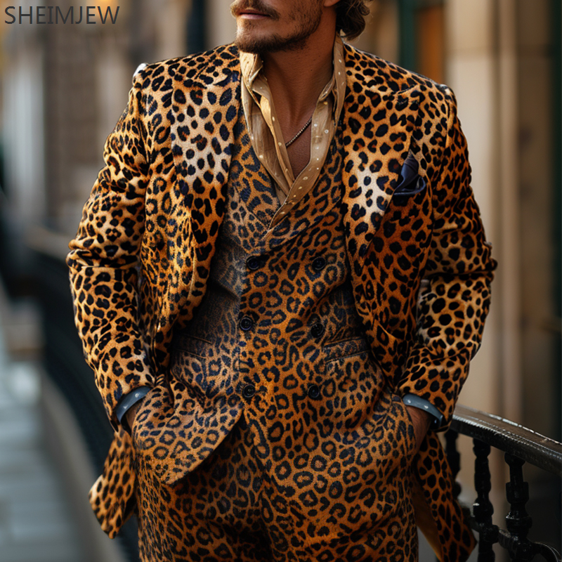 Giacca e pantaloni animali casual a maniche lunghe Abito classico da uomo in due pezzi con stampa leopardata a colori Abiti da ballo di carnevale Festa personalizzata