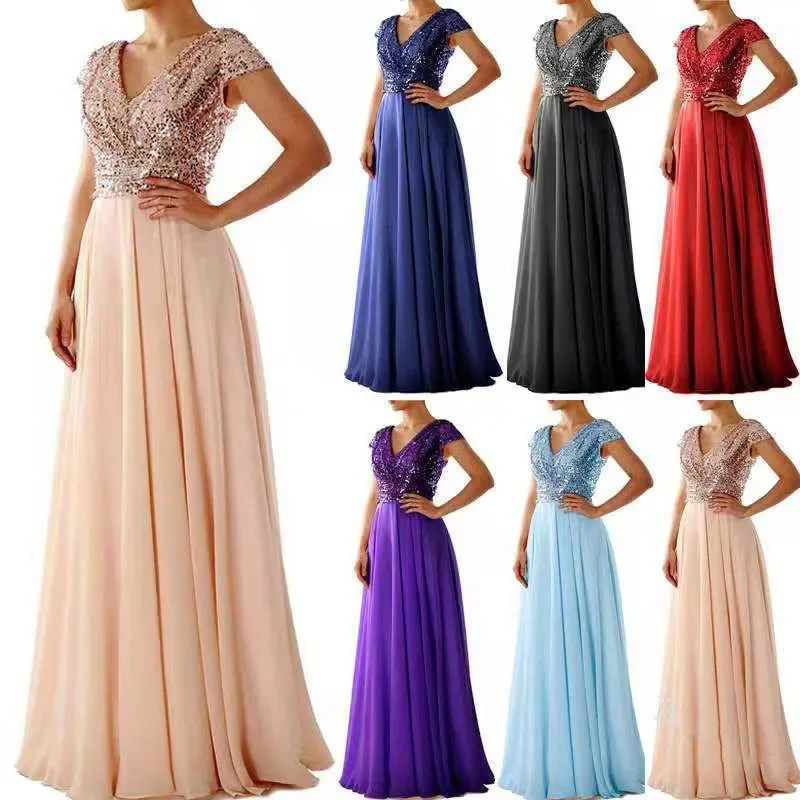 Vestido feminino com painel de lantejoulas fino, vestidos longos com decote em v, elegante vestido de festa, banquete luxuoso, primavera, verão