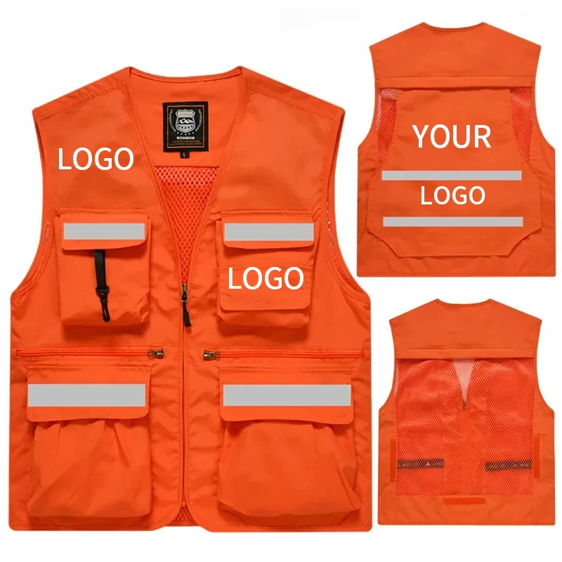 Custom LOGO Men's Waistcoat Jackets Vest Multi Pocket Workwear Traffic Sleeveless Breathable Mesh Safety Vest Volunteer Uniform