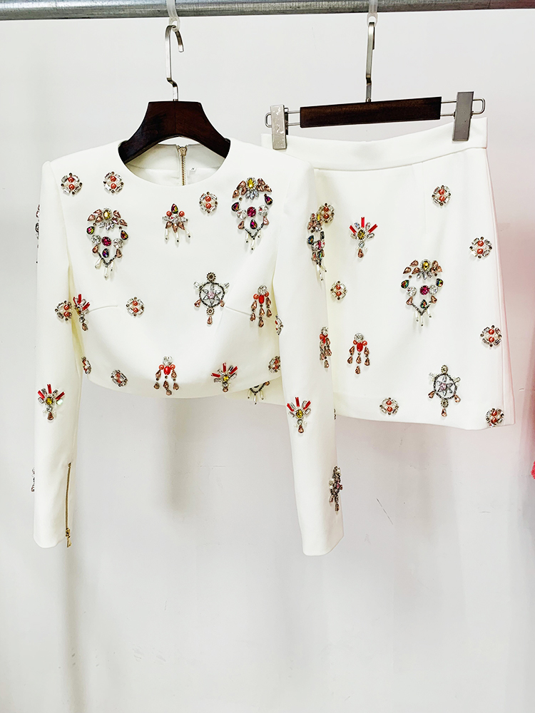 Setelan Fashion Desainer Terbaru 2026 HIGH STREET, Atasan Crop Berhias Kristal Mewah dengan Ritsleting Belakang dan Rok untuk Wanita