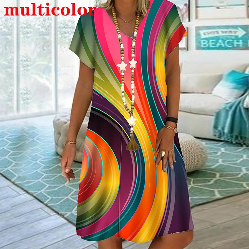 Nuevo vestido de mujer con estampado 3D a rayas de arcoíris elegante dulce informal con cuello en V de manga corta vestido acampanado moda de verano ropa de gran tamaño