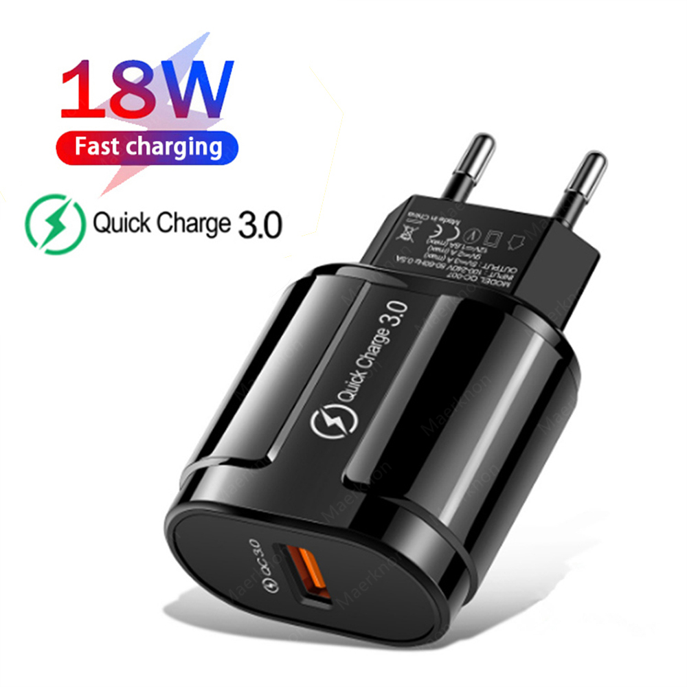 Cargador USB de 18W, adaptador de corriente con enchufe europeo/estadounidense de carga rápida para iPhone, Samsung, Xiaomi, Huawei, teléfono, cargador de pared de viaje de carga rápida