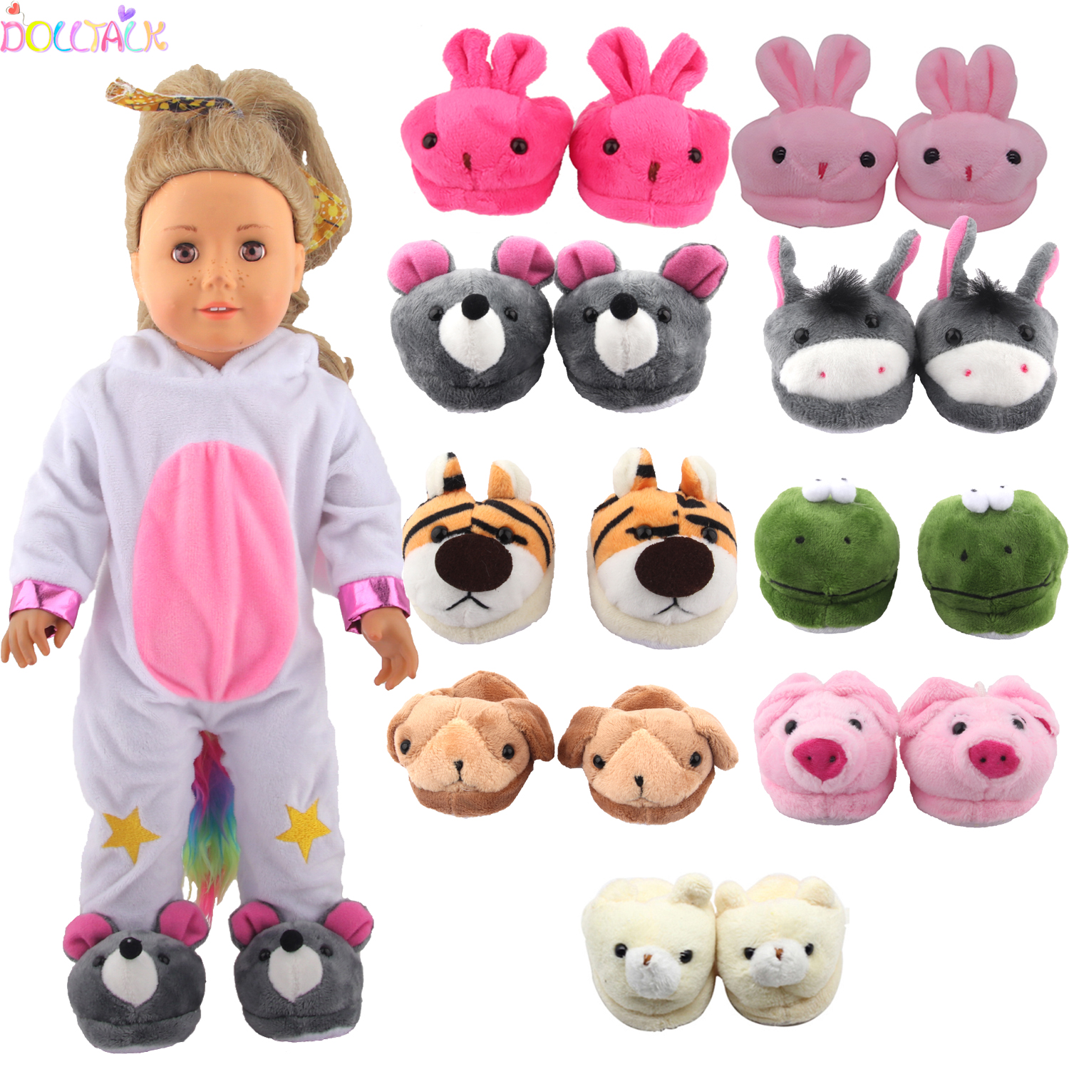 Puppenschuhe 7 cm süßer Frosch, Tiger, Schwein Plüschtier Hausschuhe für amerikanische 18-Zoll-Mädchen, 43 cm Baby Neugeborene OG Puppe Mädchen Spielzeug Geschenk