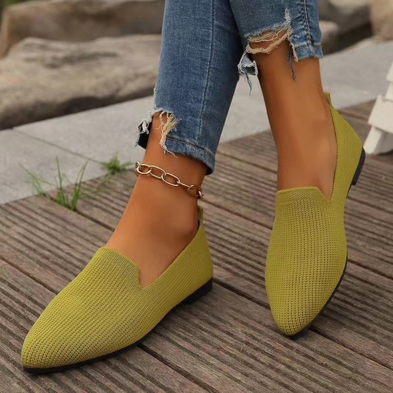 Nowe damskie mokasyny z siateczki w jednolitym kolorze, z noskiem w szpic, niskie, damskie buty z miękką podeszwą, dzianinowe baleriny, wsuwane buty codzienne typu loafers.