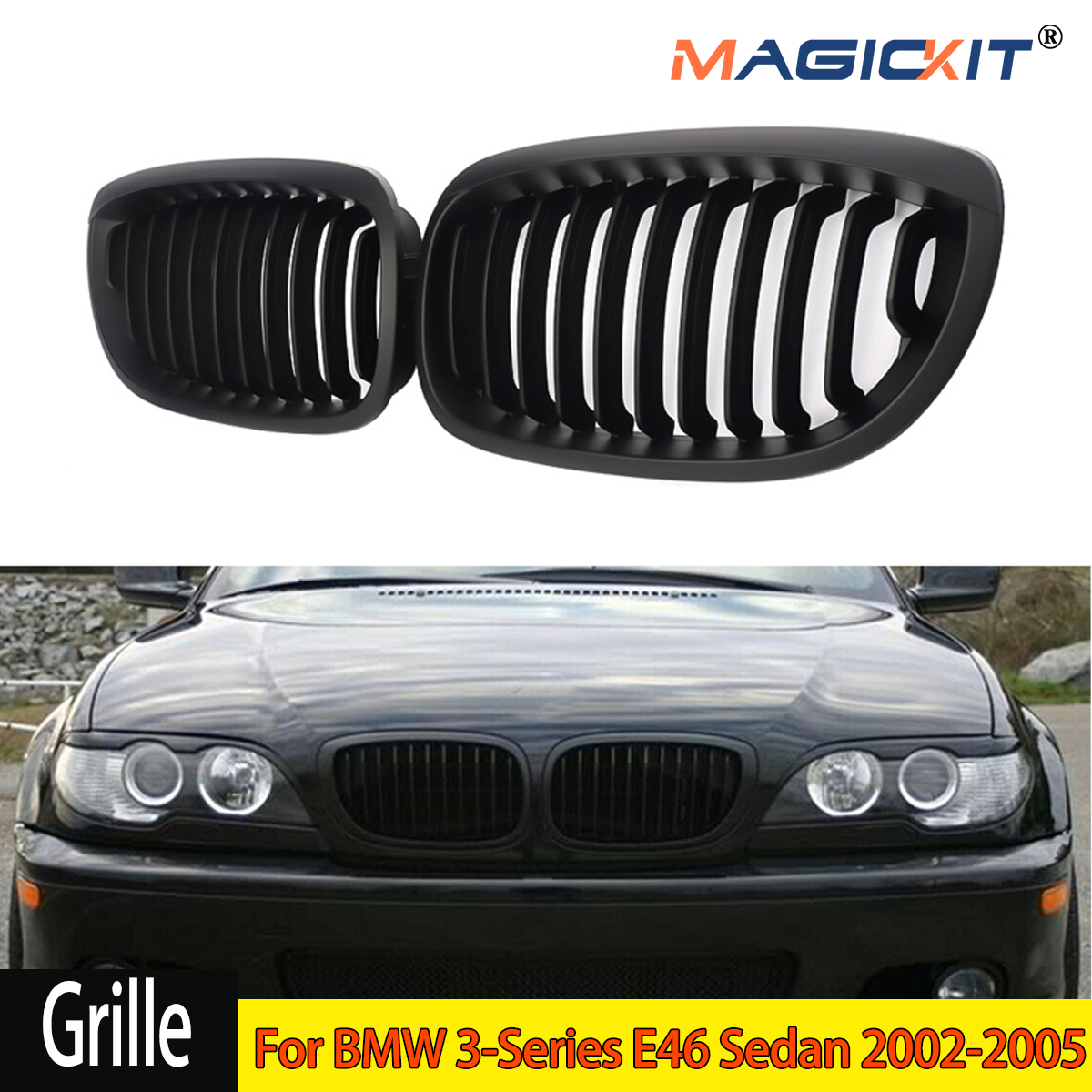 MagicKit Frontstoßstangen-Nierengrills passend für BMW 3er E46 Limousine 2002-2005 Facelift 2-Türer Kühlergrill Mattschwarz