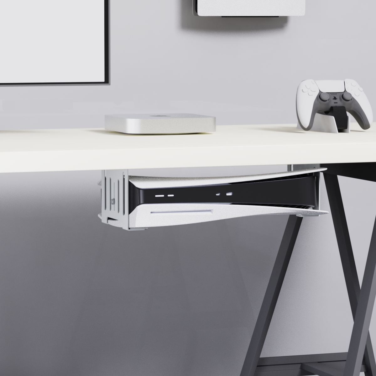 PS5 montiert unter dem Schreibtisch mit Selfdrive-Schraubhalterung für PS5 Slim für Digital- oder Disk-Version