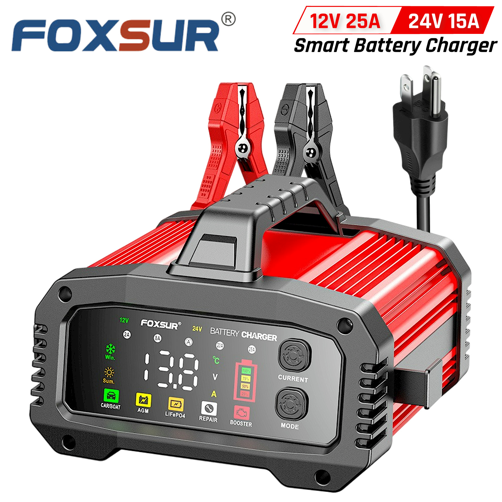 FOXSUR-cargador de batería inteligente portátil para coche, 12V, 24V, 25Amp, LiFePO4, AGM, Gel, plomo ácido de motocicleta, camión, barco con refuerzo