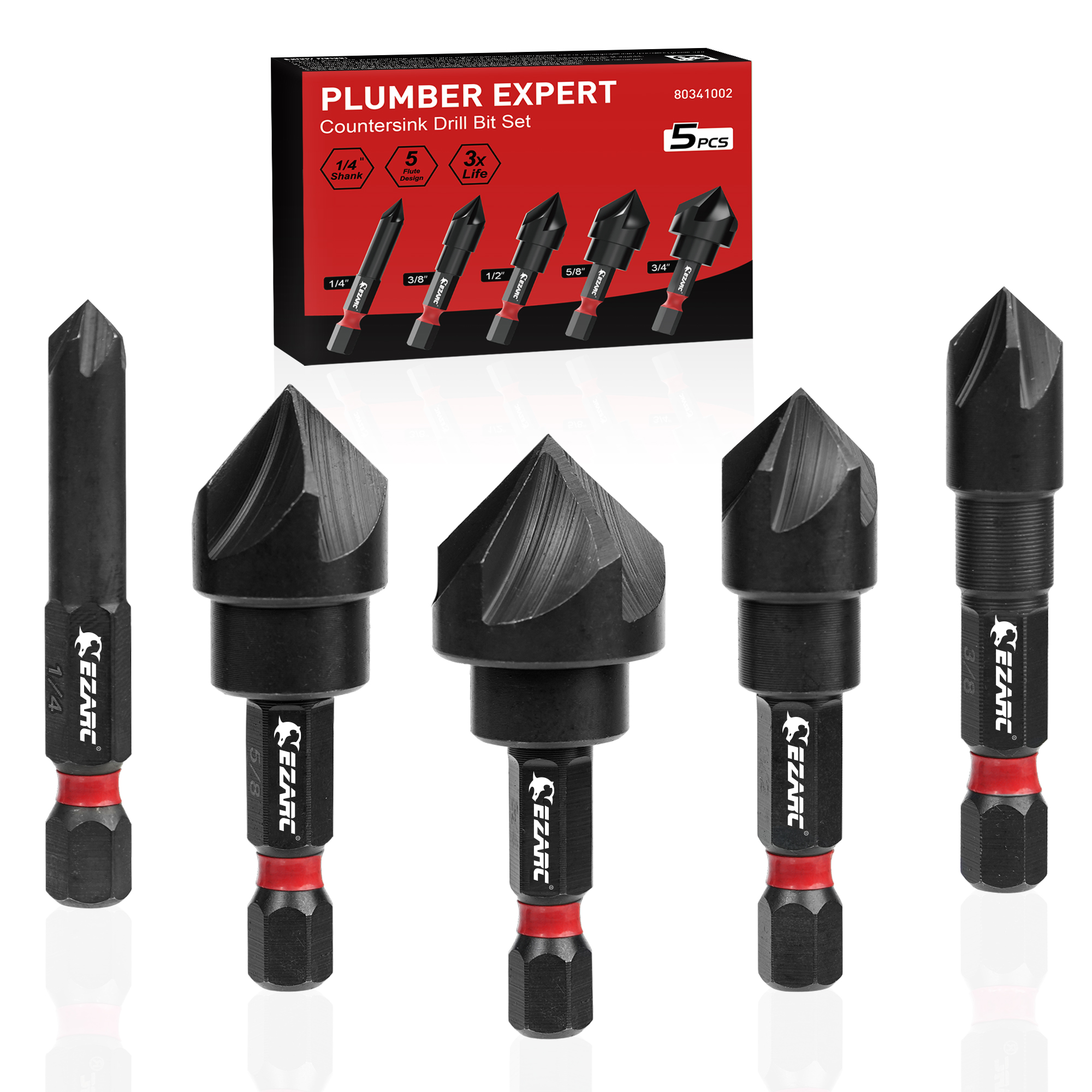 EZARC 5PCS Countersink Drill Bit Set for Metal, 1/4 Inch Hex Shank Countersunk Bits 82 Degree 5 Flute, 1/4” 3/8” 1/2” 5/8” 3