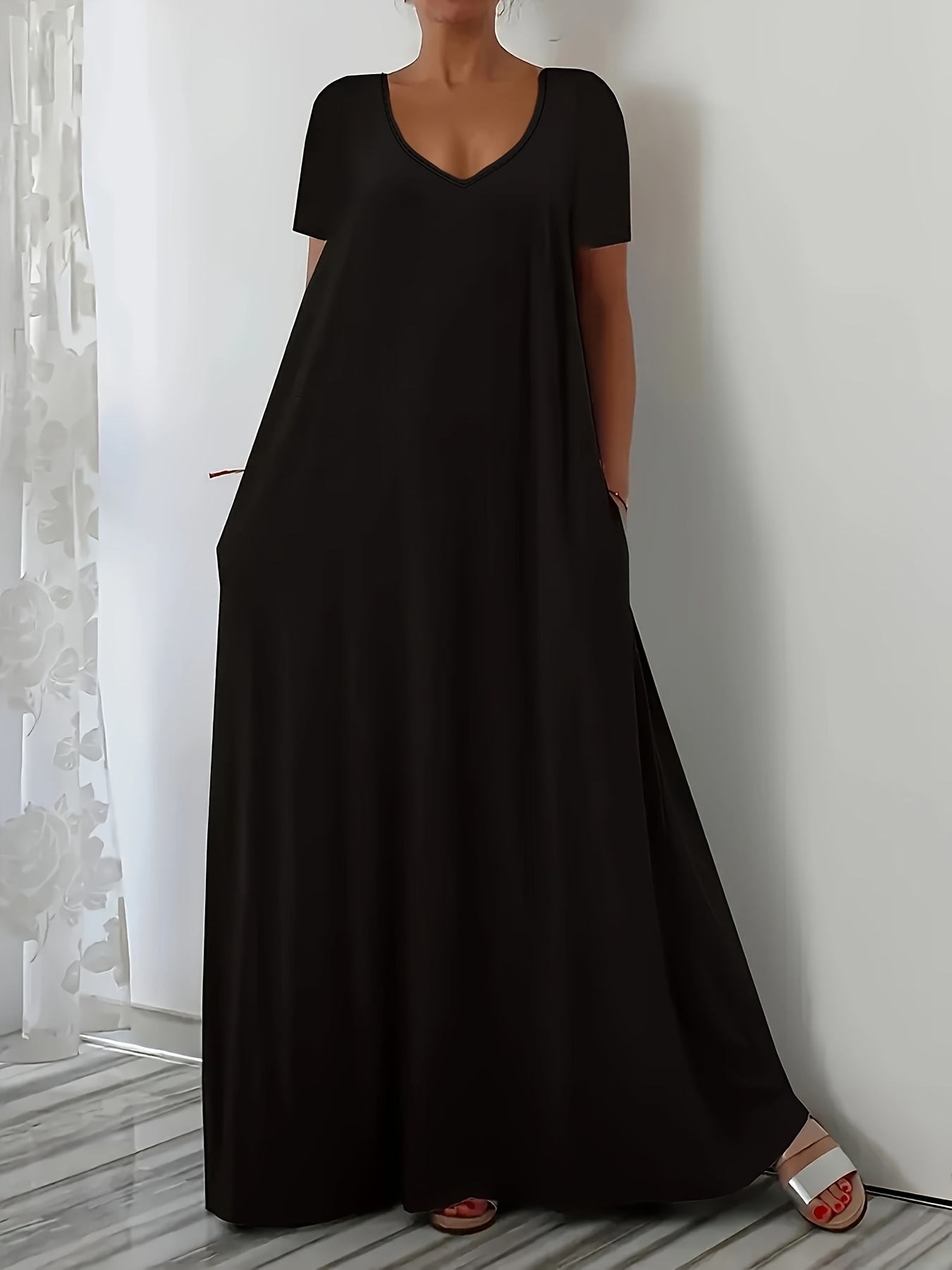 Plus Size Sommerkleid, neu, langer Rock, lässig, locker, kurzärmelig, einfarbig, V-Ausschnitt, große Größen, für Damen