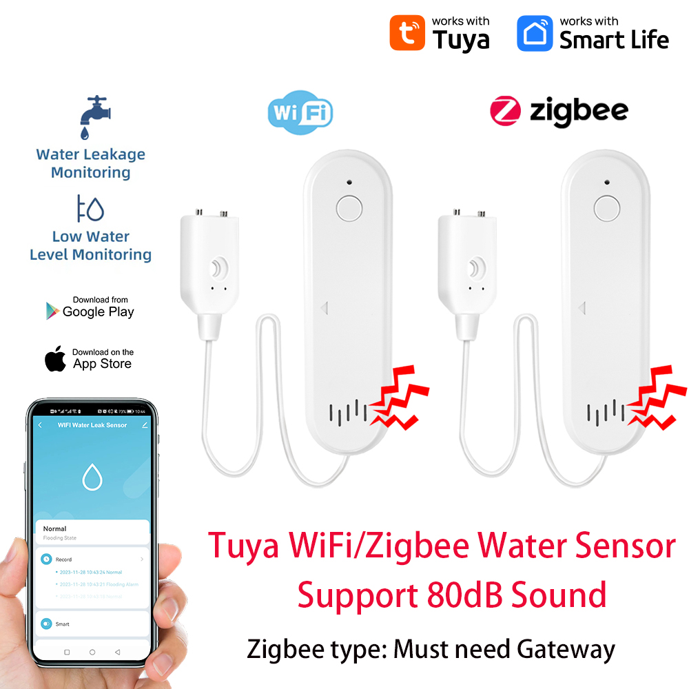 Tuya-Capteur de fuite d'eau WiFi Zigbee Smart Life, détecteur d'inondation, notification sonore 80dB, alarme d'alarme