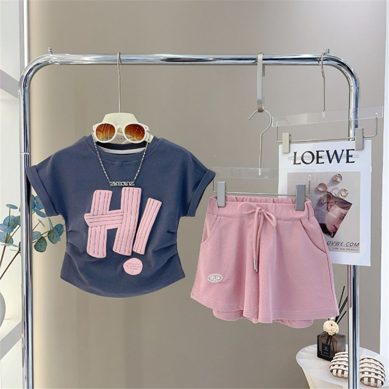 Nuove ragazze Set manica corta Lettera estiva T-shirt Top + Pantaloncini 2 pezzi Abiti Abbigliamento per bambini Sport Casual Abiti dritti 3-12 anni