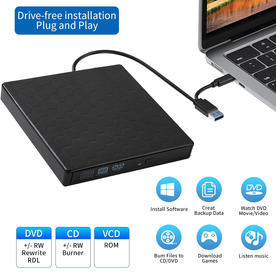 Lecteur DVD RW externe mince USB3.0 et Type C graveur de CD lecteur de graveur lecteurs optiques graveur de DVD Portable pour ordinateur Portable