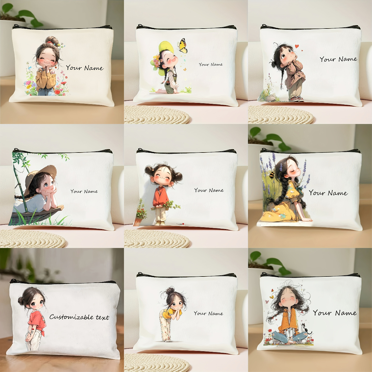 Bolsas de maquillaje florales bonitas y únicas con nombre personalizado elegante para niñas, bolsa de cosméticos, bolsa de aseo, estuche para lápices, bolso de almacenamiento de viaje