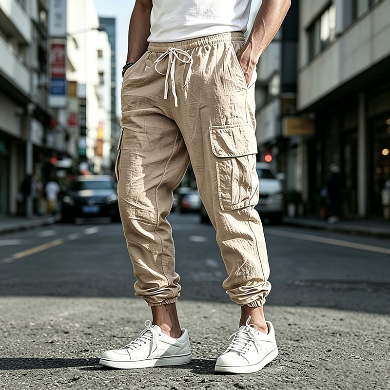 Herentrui van katoen-linnenmix, cargo joggerbroek met elastische tailleband, trekkoord, meerdere zakken, casual, ademend, streetwear broek voor heren
