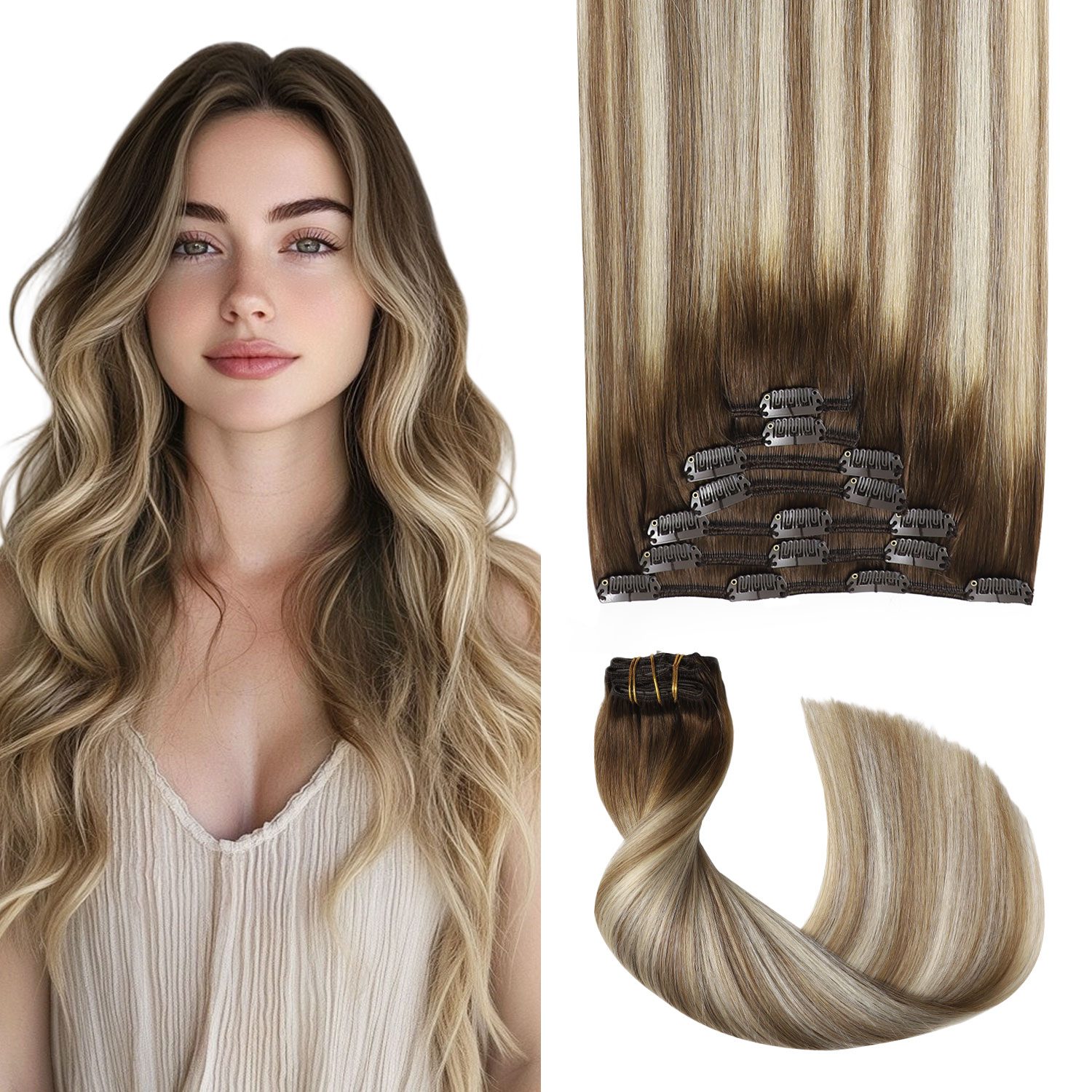 Extensões de Cabelo Humano Sweetmet Pro2.0 com Clip, 120g, Espessas, 7 Peças # Extensões de Cabelo Humano Remy Castanho Nogueira para Castanho Acinzentado e Loiro Claro com Clipe 35cm-55cm, Tecido Duplo Sem Costura para Mulheres