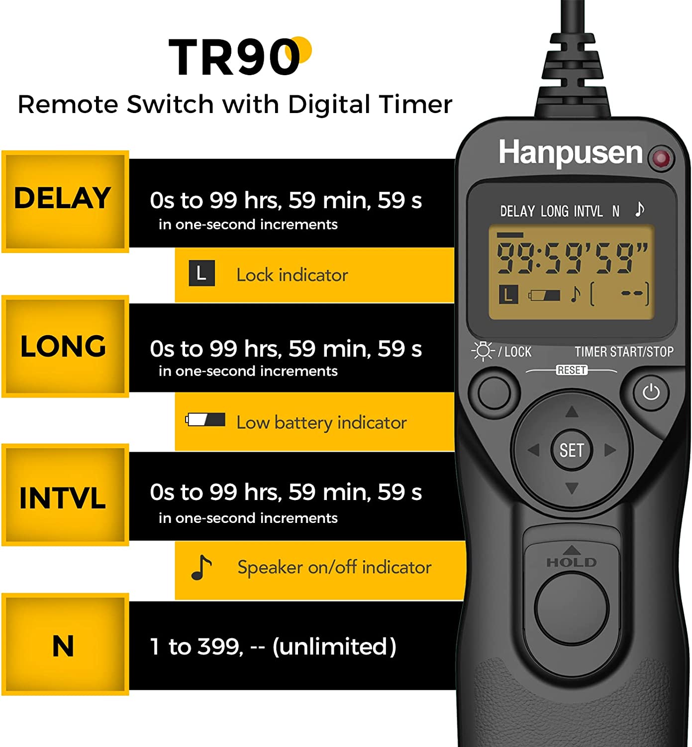 Таймер-интервалометр Hanpusen TR90 с ЖК-дисплеем и пультом ДУ для отдельных камер Canon, Nikon, Sony, Fujifilm, Olympus, Pentax