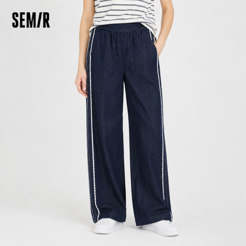 Semir Women Pants Denim Lace Trim Loose Wide Leg Lazy Temperament Floor Length 2026 Summer Fashion Casual Top