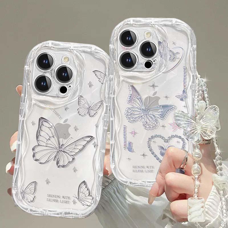 INS Butterfly Case for OPPO Reno 14 13 11 12F 12 Pro 5G 11F 14F 13F 7 4G 5 6 Lite A78 A79 A98 A38 Cover with Cute Korean Chain