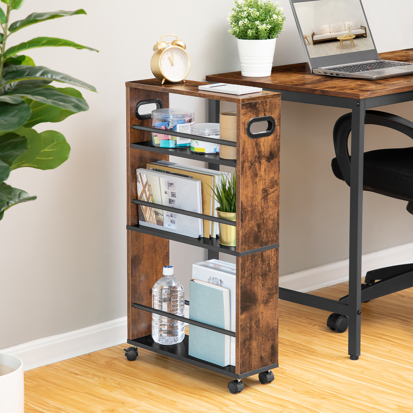 Carrello da portata stretto HOOBRO, 45x15x80 cm, carrello da cucina con 4 livelli, ripiano da cucina con ruote girevoli a 360 ° e ringhiere