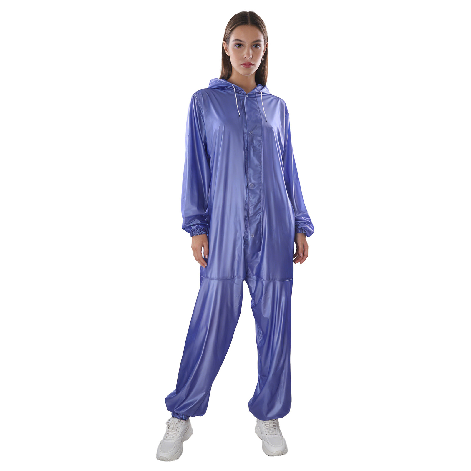 Impermeable de una pieza para adultos con capucha, cordón ajustable, botones frontales y cremallera, mono impermeable para trabajo.