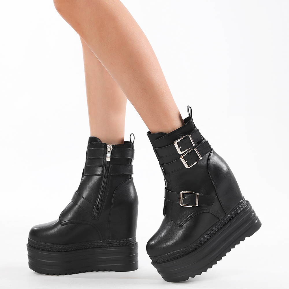 Gdgydh Damen trend ige Plattform Stiefel Mode Seite Reiß verschluss Schnalle Riemen Design Höhe Erhöhung stilvolle Mitte Wade Stiefel Keil absatz