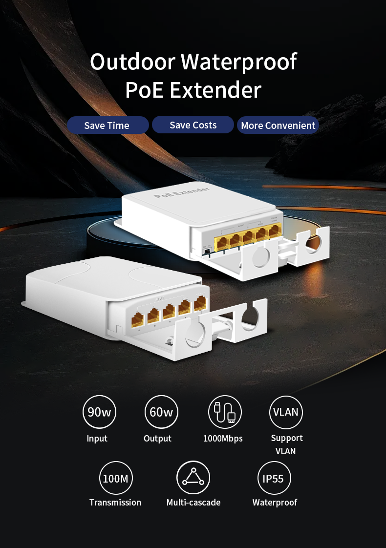 Hisource 4 ports IP55 répéteur POE étanche 100/1000Mbps 1 à 3 commutateur réseau prolongateur PoE pour caméra IP