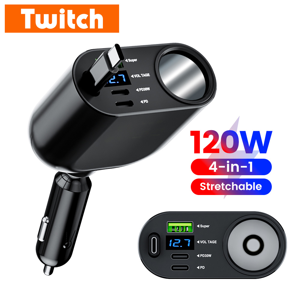 Pengisi Daya Mobil USB 120W 4 in 1 Pengisian Cepat Dengan Kabel Tipe C yang Dapat Ditarik Pengisi Daya Pemantik Rokok Untuk iPhone 15 Samsung Huawei