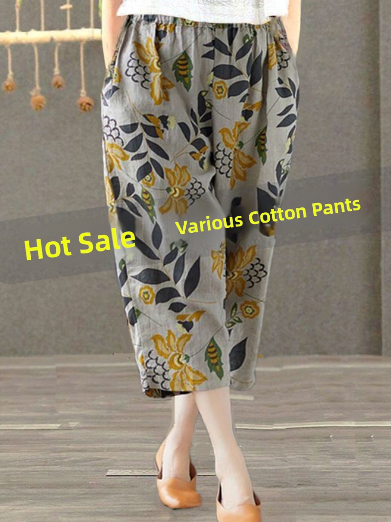 Cotton Linen Harlan Pants Summer Thin Slim Print Loose Mom Nine Points Casual Pants High Waist Elastic Pocket Lantern Pants