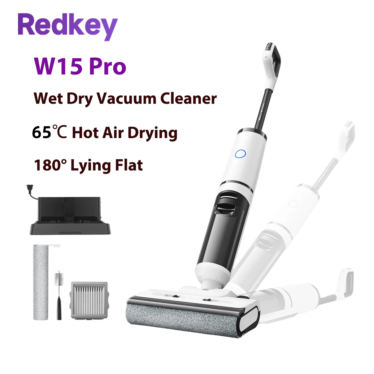 Redkey W15 Pro Беспроводной пылесос для влажной и сухой уборки Беспроводная швабра для самостоятельной мытья 22 кПа 65 ℃   Сушка горячим воздухом 180° °   Очистка лежащих плоских краев