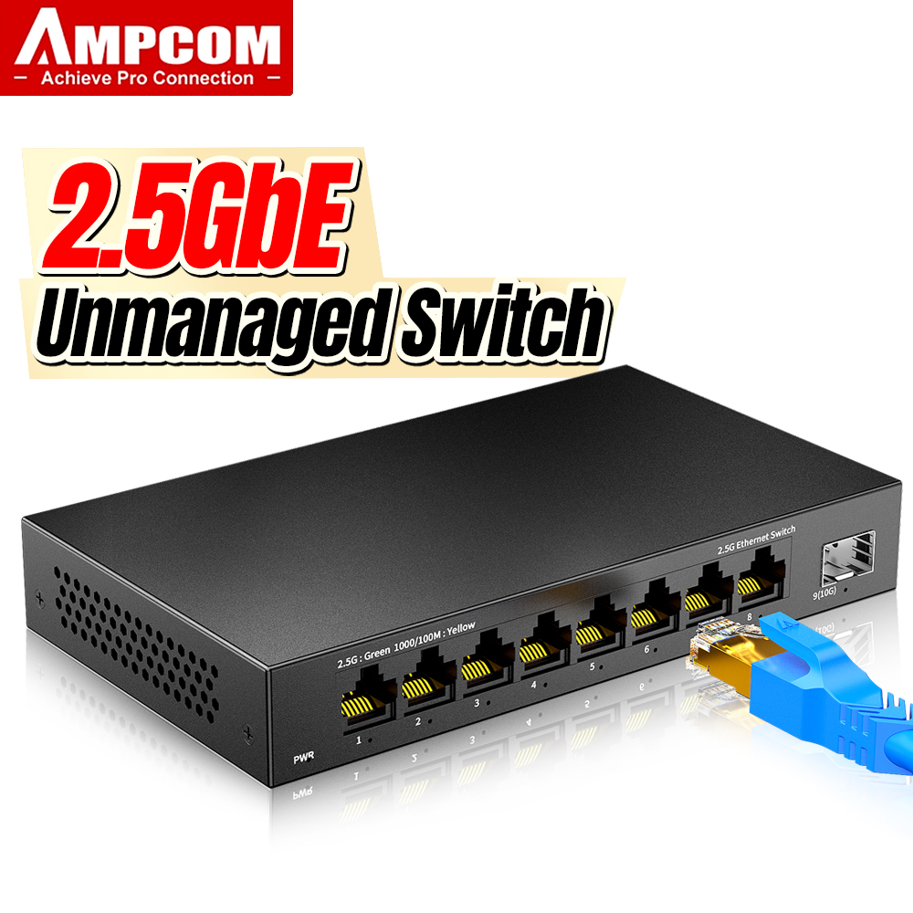 ギガビットイーサネットスイッチ,Ampcom-2.5ギガビット,10g,10/100/1000Mbps,金属製ファンレスネットワークスイッチなし