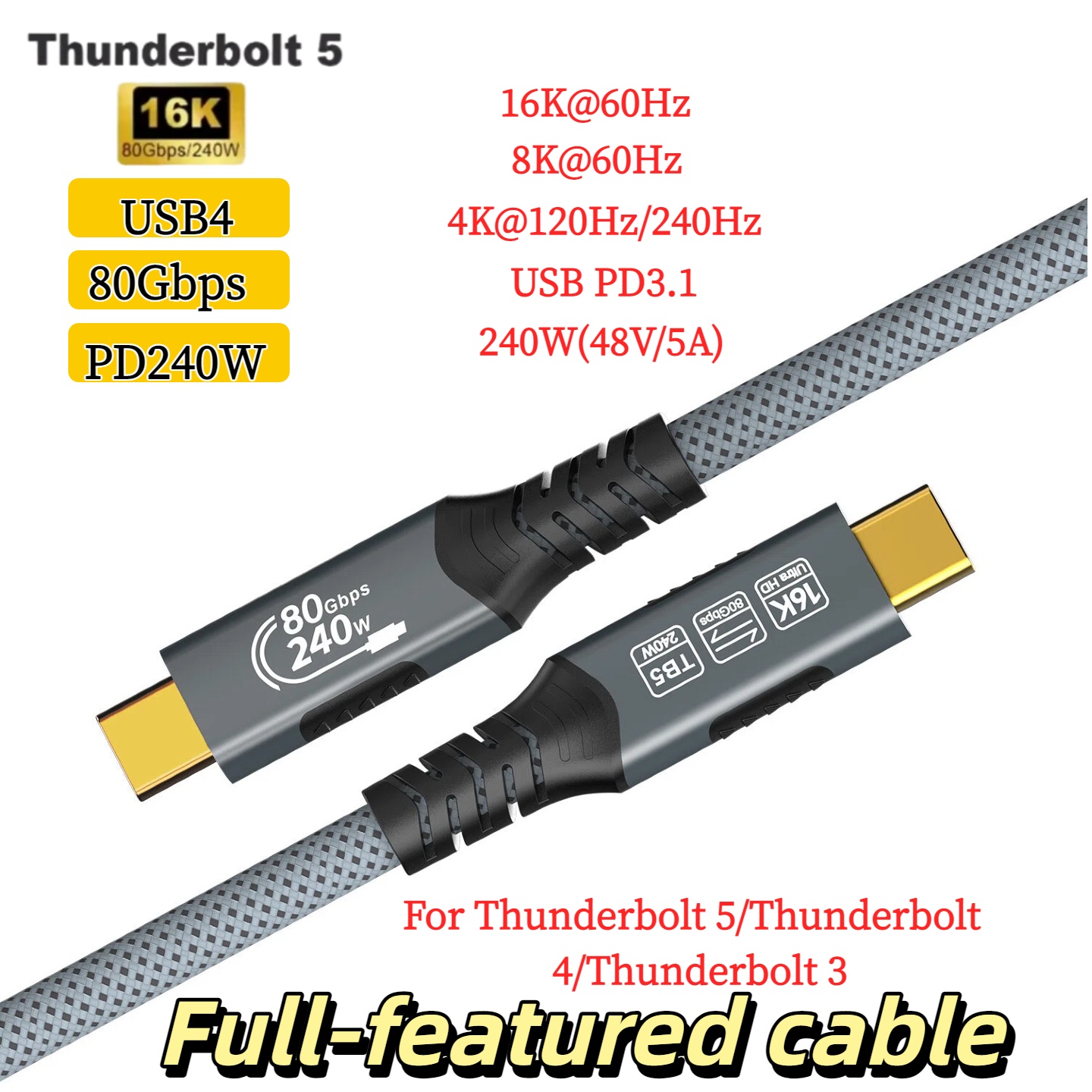 USB4 240w USB C to USB C Cable For Thunderbolt 4 Data Transfer and Charging For MacBook Pro/Air Dell or USB C Monitor