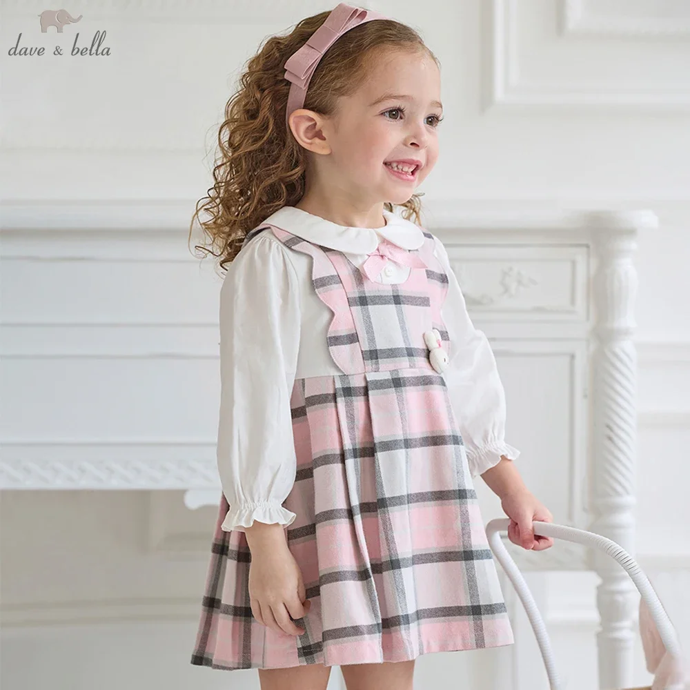 Dave Bella, vestido de algodón puro para niños, moda de otoño, informal, para niñas, manga larga, estilo universitario, vestido a cuadros para niños, fiesta DB3252638