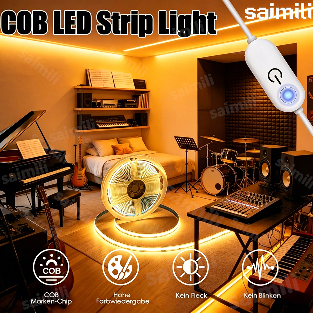 Taśma LED USB 5V 320LED/m z dotykowym ściemniaczem, elastyczna taśma LED COB, lampa taśmowa DIY, podświetlenie do telewizora, lustra, oświetlenie do kuchni i pokoju.