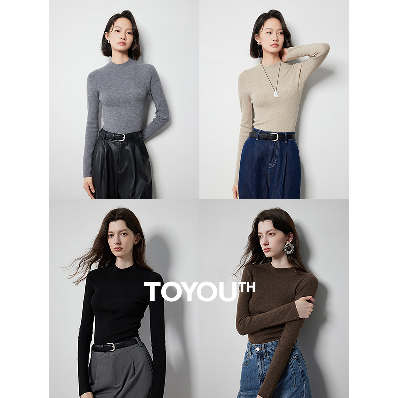 TOYOUTH Tops de punto 2024 Otoño Invierno manga larga medio cuello alto cálido Color sólido básico jerseys de punto jerseys suéter Tops