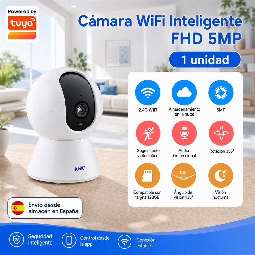 Caméra IP Kerui 8MP/5MP pour intérieur, compatible avec la caméra intelligente Tuya PTZ, vision nocturne WiFi, surveillance vidéo domestique, audio bidirectionnel