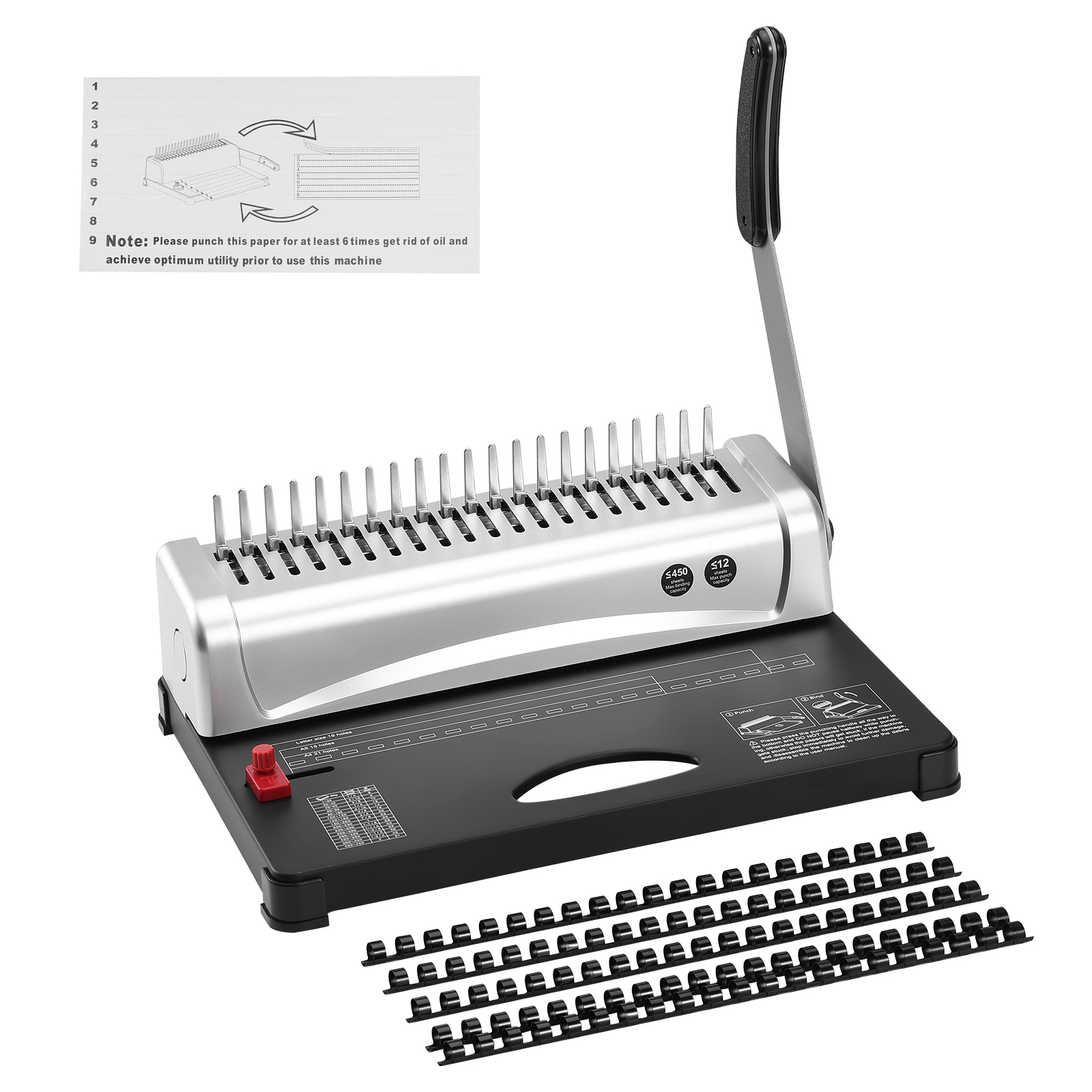 SucceBuy Bindemaschine, Kammbindemaschine mit 21 Löchern, Bindet 450 Blatt, Buchbindemaschine mit 100 Stück 3/8'' Kammbindungsstiften