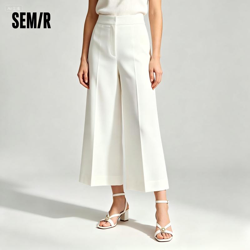 Semir Women Pants Textured 2026 Pleated Cropped Length Wide Leg Solid Urban Casual Everyday Style Soft Comfortable Daily Wear