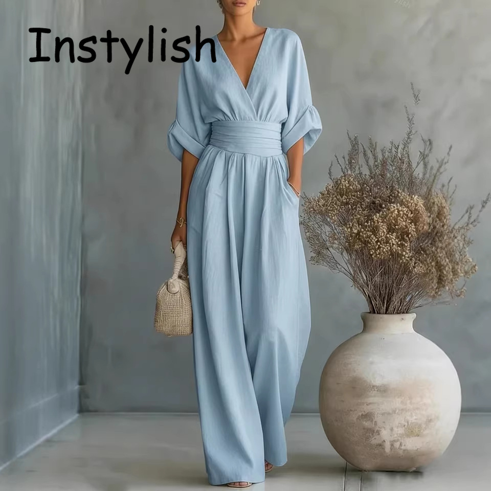 Mono elegante de lino para mujer con cuello en V, manga corta, cintura ajustada, pantalón largo de pierna ancha, con bolsillos, overol informal para damas.