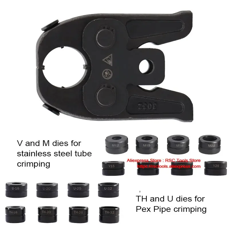 Mandíbulas universais para tubos pex, ferramentas de crimpagem de prensagem de tubos de aço inoxidável com tipos de cabeça de braçadeira de tubo u, th, v, m