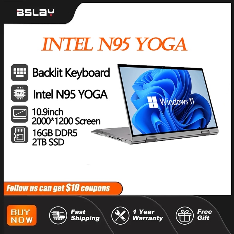 Tablet 10.9 Inch Intel N95 YOGA Touchscreens 16GB DDR5 2TB SSD HD Camera Backlit Keyboard 360° Fold Portable Compact Laptop