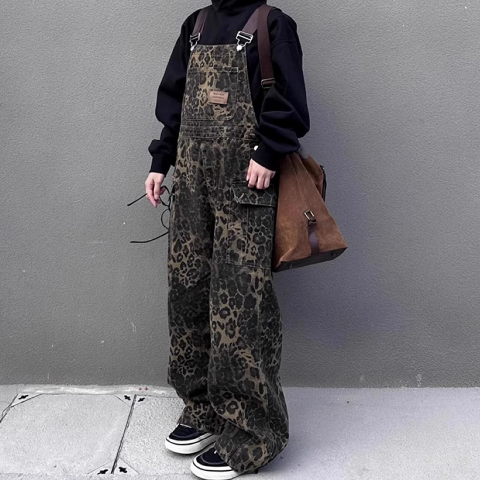 Monos de leopardo para mujer, ropa Y2k, ropa de calle, monos holgados de pierna ancha, monos Cargo sueltos con múltiples bolsillos, peleles