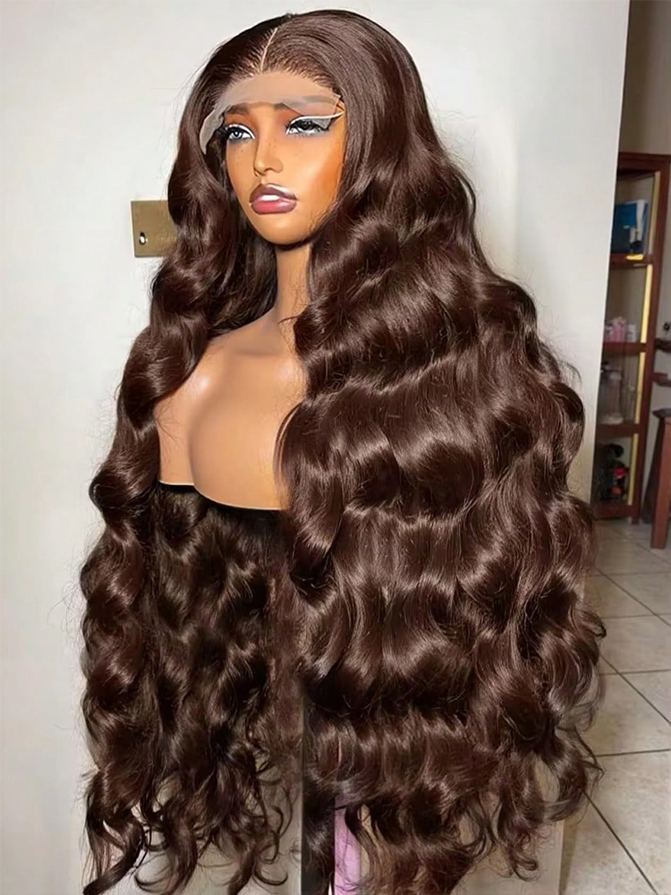 Peruca Body Wave com Fechamento Frontal e Linha do Cabelo Natural # Peruca Frontal de Renda HD 13x4 de Cabelo Humano, 4 Cores, Castanho Chocolate, Ondas Corporais, Pré-arrancada, 250% de Densidade, Para Mulheres