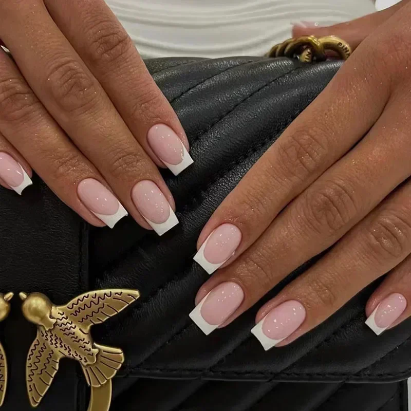 24 stuks Franse tip handgemaakte pers op nagels minimalistische effen kleur nepnagels medium vierkant volledige dekking druk op nageltips met lijm