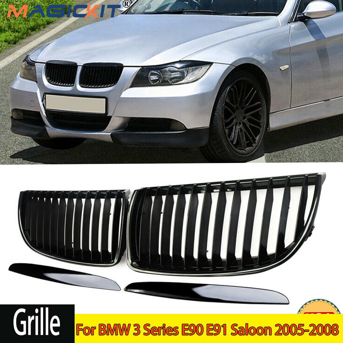 Решетки радиатора MagicKit для BMW 3 серии E90 E91 седан 2005-2008, глянцевая черная передняя решетка почек, автоаксессуары