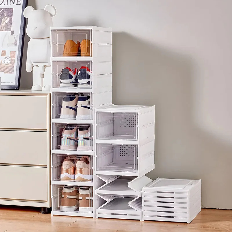 1/3/6 Layers Foldable Shoes Storage Box Transparent Sneaker Shoes Box Stackable Dustproof Cabinet Shoe Organizers Rack Shelf