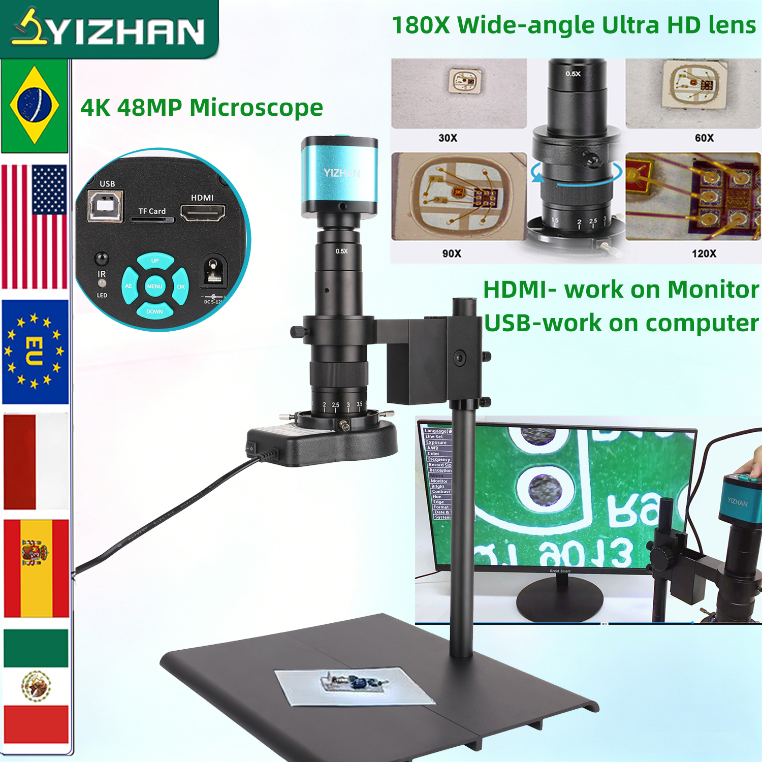 YIZHAN Elektroniczny mikroskop cyfrowy 4K do zestawu mikroskopu lutowniczego 1080P HDMI USB Kamera przemysłowa Przemysłowa kamera mikroskopowa PCB Lutowanie Naprawa telefonów komórkowych