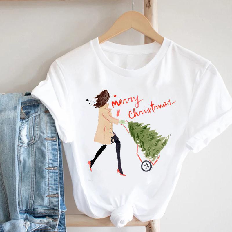 Camiseta de manga media con dibujos animados para mujer, camisa de gran tamaño con estampado de Feliz Navidad, árbol de Navidad, Papá Noel, a la moda